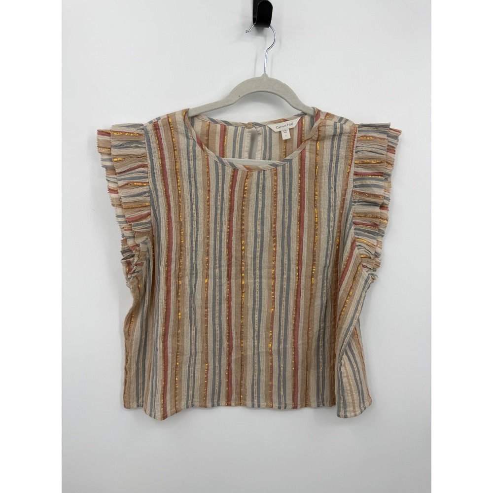 Garnet Hill Suri Flutter Sleeve Top shimmering L Beige Striped Metallic Cotton